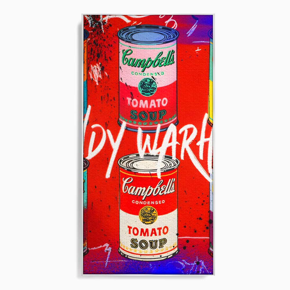Tablou canvas cu tablou canvas cu cutii de supa, in rama de aluminiu argintiu